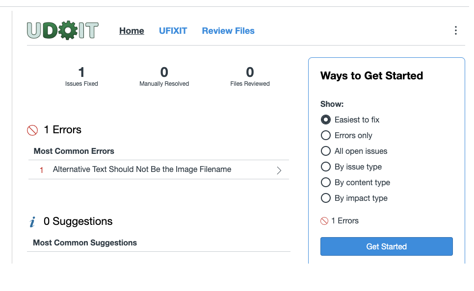 Screenshot of the UDOIT interface displaying 1 error about Alternative Text and 0 suggestions.