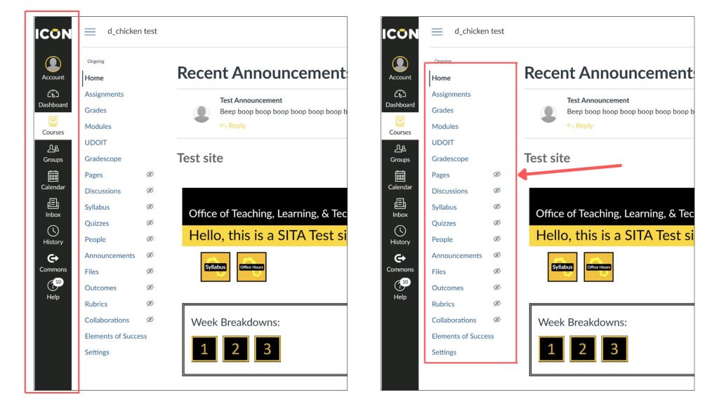 The image is split into two screenshots side by side, with the right side emphasizing the expanded "Courses" menu, which lists various links such as "Home," "Assignments," "Grades," "Modules," and others.