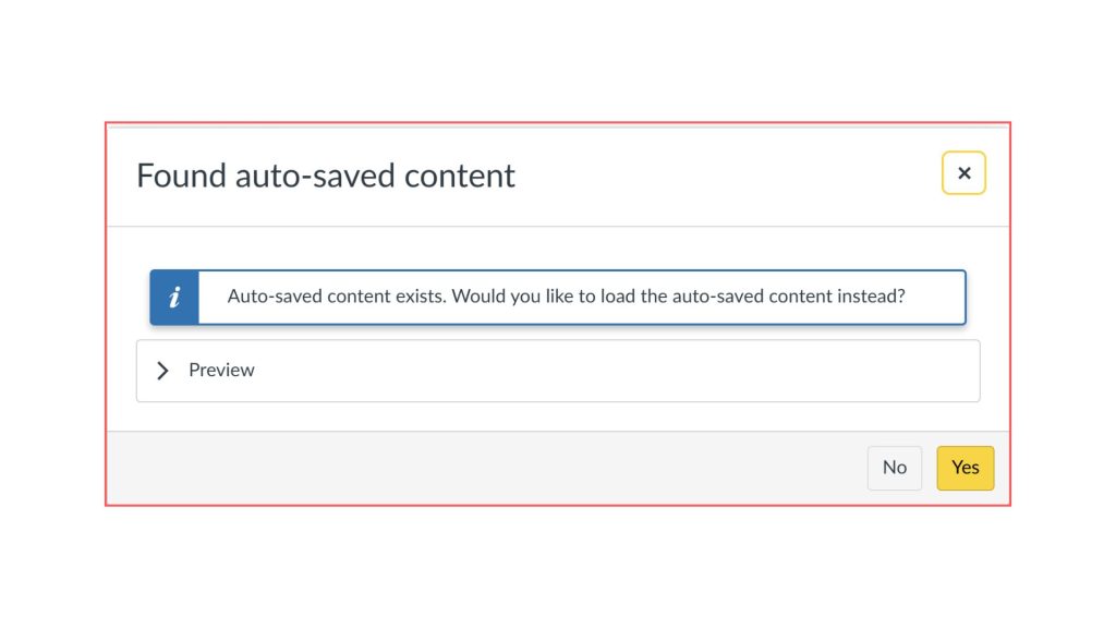 Notification dialog box asking if the user wants to load auto-saved content with options to choose "Yes" or "No".