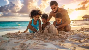 A father and his three young children are building a sandcastle together on a beach during sunset. The father, shirtless and smiling, leans in to help shape the sandcastle while the children, two girls and a boy, laugh and play in the sand. The ocean waves and a thatched-roof hut are visible in the background, with the golden hues of the setting sun casting a warm glow over the scene.