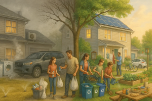 Split illustration of two neighboring homes showing contrasting lifestyles. On the left, the scene is gray and polluted: sprinklers waste water on a dry lawn, smoke rises from a dryer vent, trash bags and plastic bottles pile up, and a man and child carry plastic bags. On the right, the scene is bright and green: solar panels cover the roof, a family recycles, composts, waters a garden, and hangs laundry to dry, with bicycles and a shared meal nearby. The image contrasts wasteful living with sustainable, eco-friendly practices.