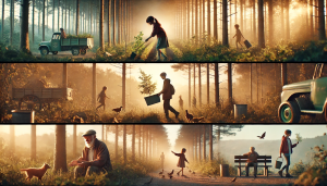 Cinematic triptych of forest scenes at sunrise and sunset. Top: children plant saplings and carry buckets among tall trees, with a green truck nearby. Middle: children walk with chickens around them, one boy carrying a potted tree, and an old cart filled with greenery. Bottom: an elderly man crouches to feed a fox, while children interact with birds on a sunlit forest path; one sits on a bench as another carries a watering can and plant. The sequence evokes themes of care for nature, intergenerational connection, and harmony with the environment