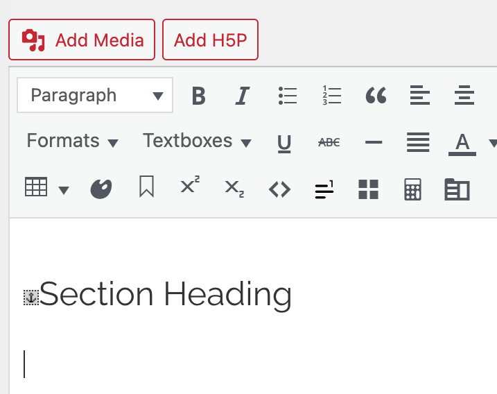Image of the anchor icon being used in the visual editor next to a section heading.
