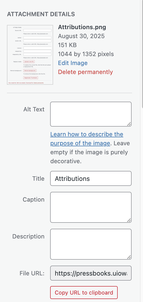 Image showing the Attachment Details menu when adding media in Pressbooks.
