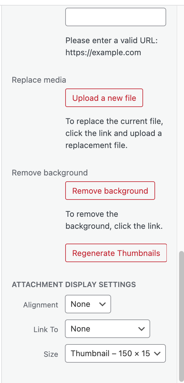 Image showing the Attachment Display Settings menu when adding media in Pressbooks.