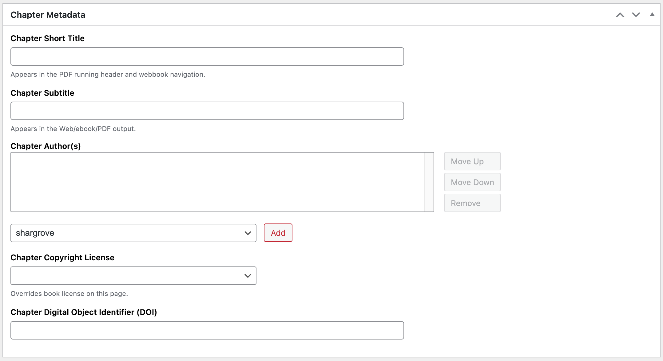 Image of the Chapter Metadata section in Pressbooks with areas to fill in the chapter's short title, subtitle, author(s), copyright license, and digital object identifier (DOI).