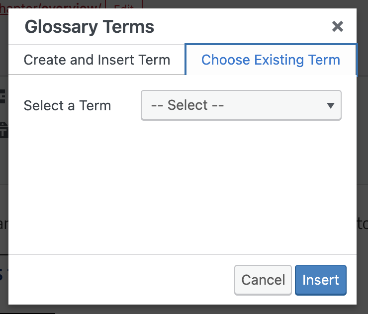 Image of the Glossary Terms menu from the visual editor, highlighting the section "Choose Existing Term."
