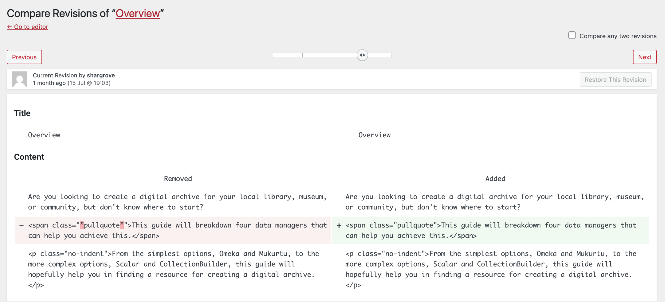Image of the Chapter Revisions page in Pressbooks showing a comparison of two revisions of a chapter.