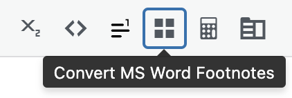 Image of the visual editor toolbar, showing the "Convert MS Word Footnotes" icon.