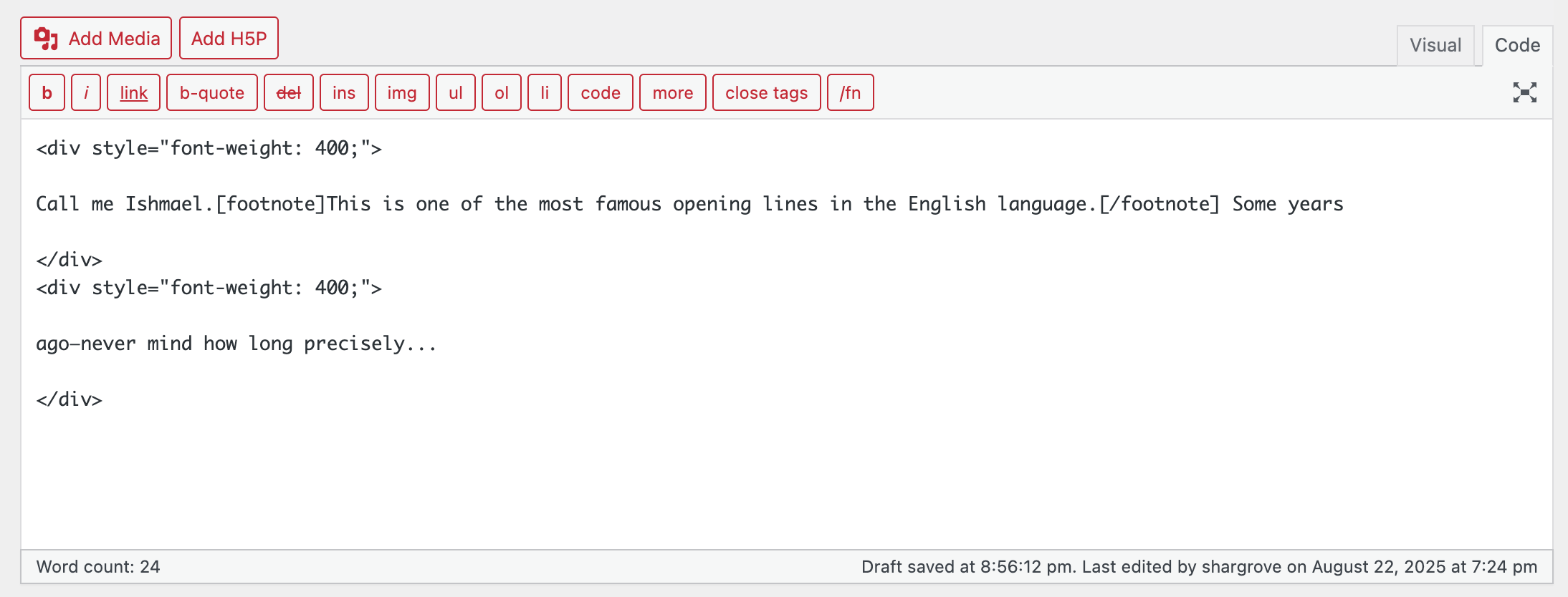 Image of a footnote wrapped in shortcode in the code editor of Pressbooks.