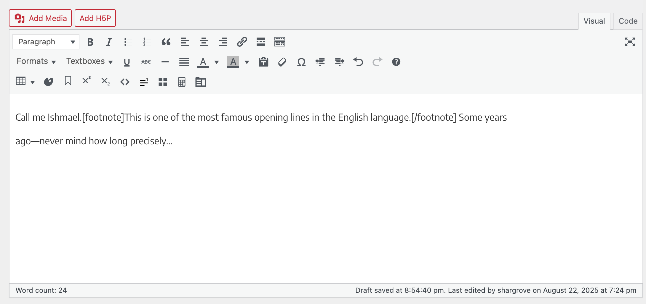 Image of the footnote shortcode in the visual editor in Pressbooks.