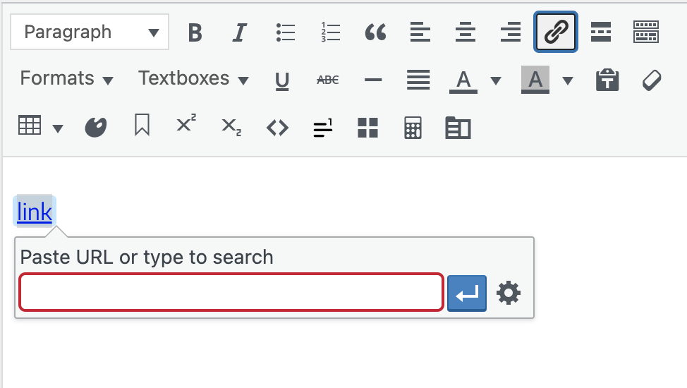Image of the visual editor demonstrating how to add a hyperlink.