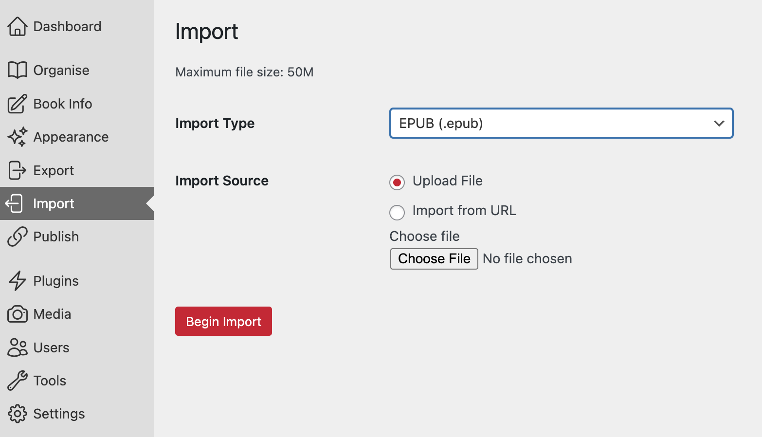 Image of the "Import" section in Pressbooks, showing a selection of import type and import source.