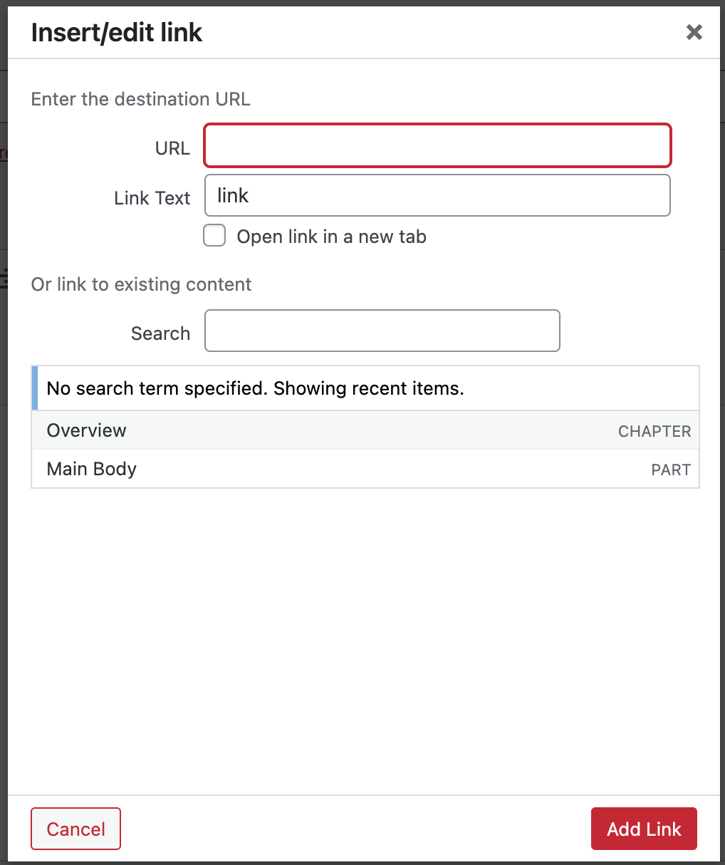 Image of the "Insert/edit link" screen in Pressbooks with the option to change link text and URL.