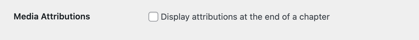 Image of the section in the Theme Options page in Pressbooks where you can select "Display attributions at the end of a chapter."
