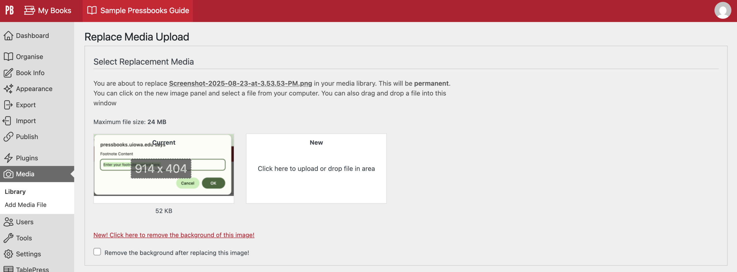 Image of the Replace Media Upload screen in Pressbooks with the option to select replacement media for the current image.