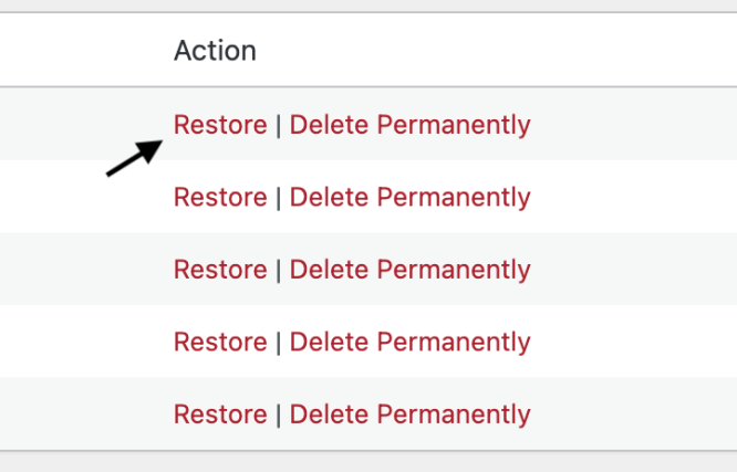 Image of a section of the Trash menu in Pressbooks, with an arrow pointing to the "Restore" button.