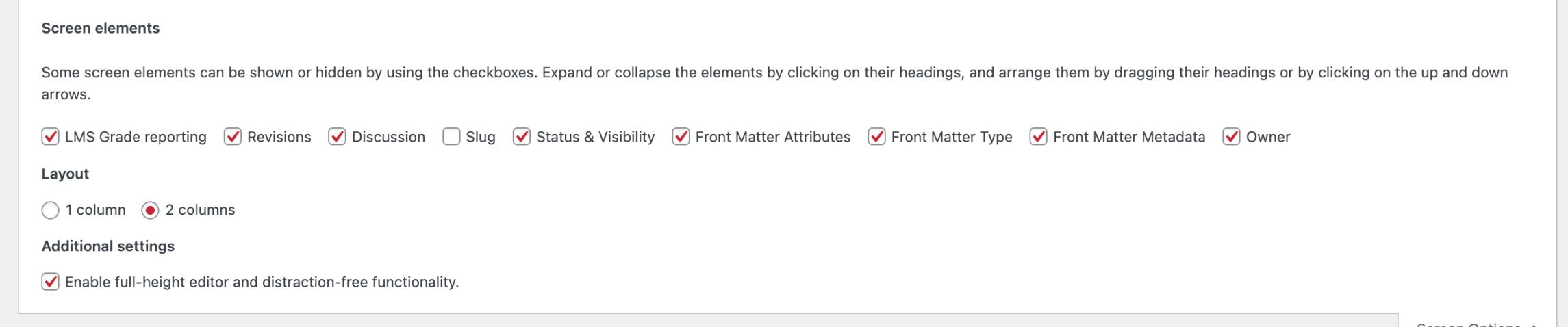 Image showing the Screen Options menu in Pressbooks