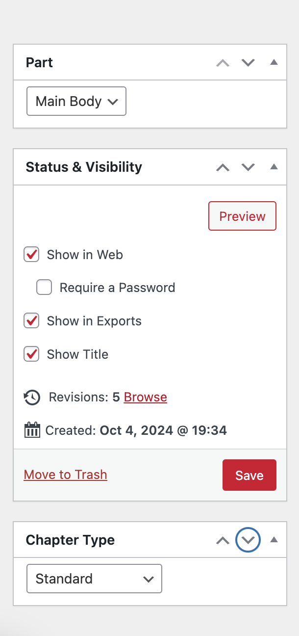 Image showing the Status and Visibility menu in Pressbooks with a list of options that can be checked or unchecked: "Show in Web," "Require a Password," "Show in Exports," and "Show Title."