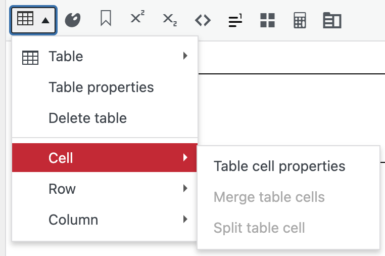 Image showing the "Table" dropdown menu in the visual editor in Pressbooks, highlighting the "Cell" options: table cell properties, merge table cells, and split table cell.