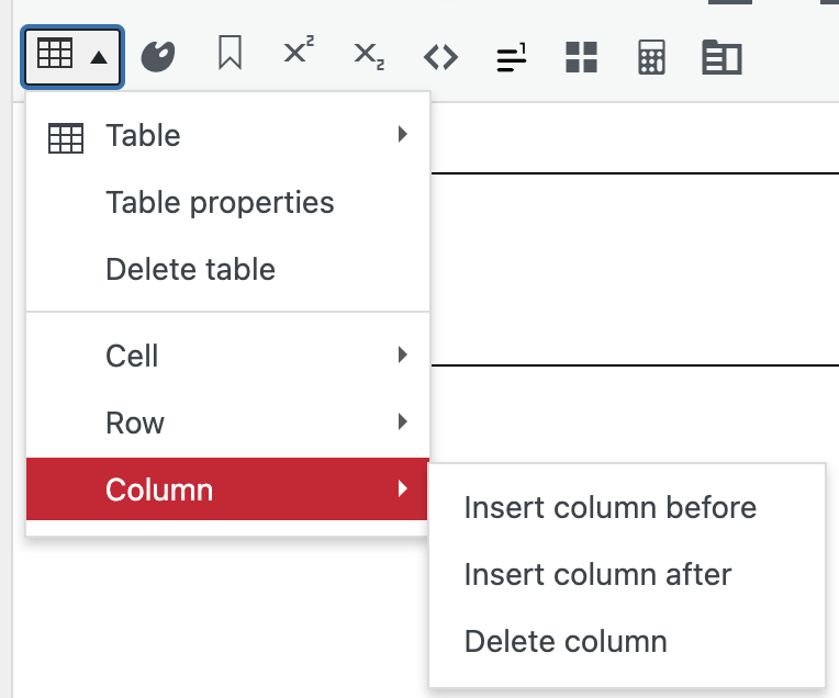 Image of the "Table" dropdown menu in the visual editor in Pressbooks, highlighting the "Column" options: insert column before, insert column after, and delete column.