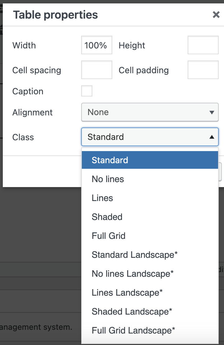 Image showing the Table properties menu in Pressbooks, highlighting the "Class" dropdown options with the table classes: standard, no lines, lines, shaded, and full grid, with landscape options of each too.