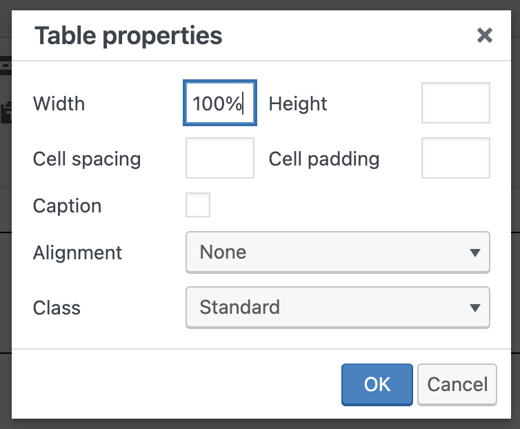 Image of the Table Properties menu from the visual editor in Pressbooks, with options to change the width, height, cell spacing, cell padding, caption, alignment, and class of the table.