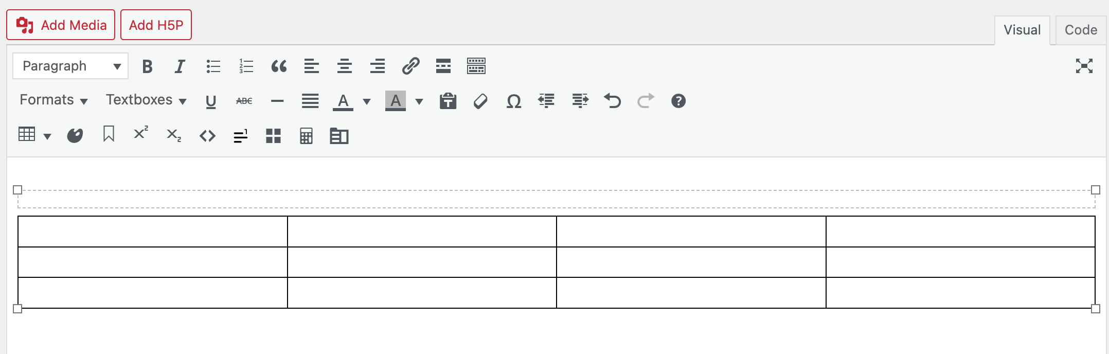 Image of a blank table in the visual editor in Pressbooks.