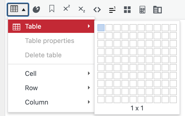 Image of the table creation tool in the visual editor of Pressbooks, showing the dropdown table menu, highlighting the table function with row and column selection.