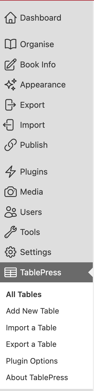Image of the left sidebar menu in Pressbooks, highlighting the TablePress section of the sidebar.