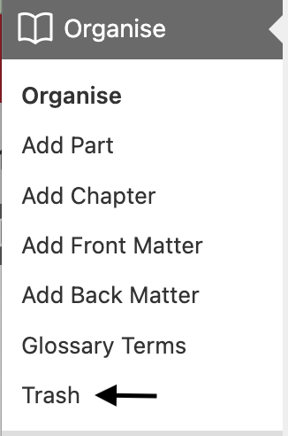 Image of the left sidebar menu in Pressbooks with an arrow pointing to "Trash".