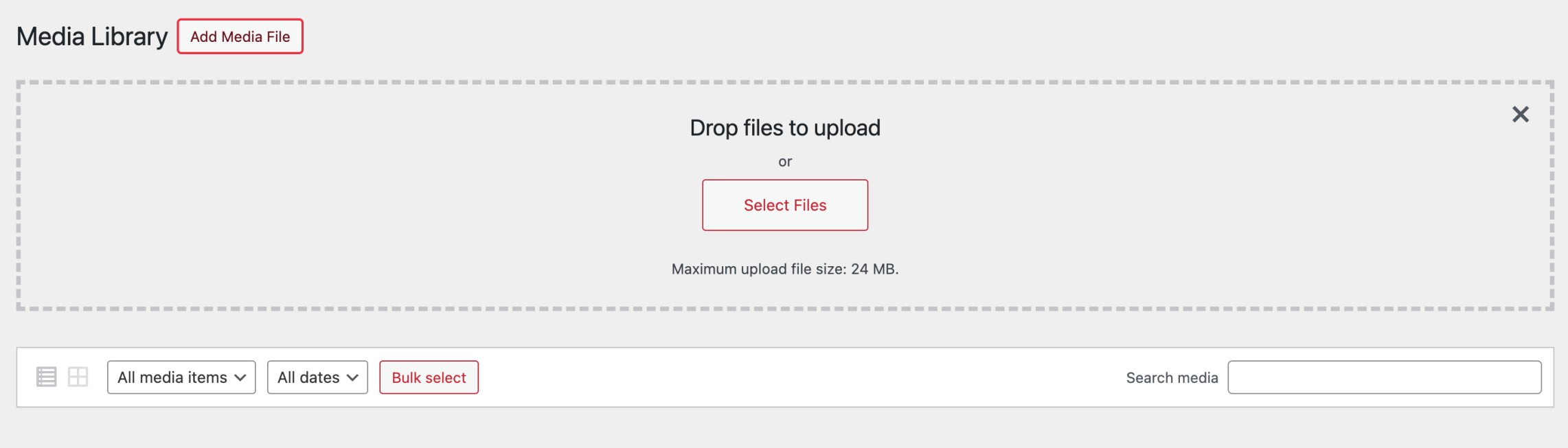 Image of the Media Library in Pressbooks with an area to "Drop files to upload" or "Select Files"