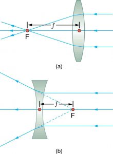 Figure (a) shows three parallel rays incident on the right side of a convex lens; after refraction they converge at F on the left side of the lens. The distance from the center of the lens to F is small f. Figure (b) shows three parallel rays incident on the right side of a concave lens; after refraction they appear to have come from F on the right side of the lens. The distance from the center of the lens to F is small f.