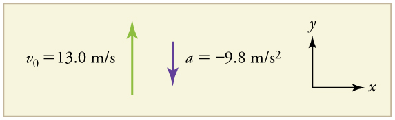 Velocity vector arrow pointing up in the positive y direction, labeled v sub 0 equals thirteen point 0 meters per second. Acceleration vector arrow pointing down in the negative y direction, labeled a equals negative 9 point 8 meters per second squared.