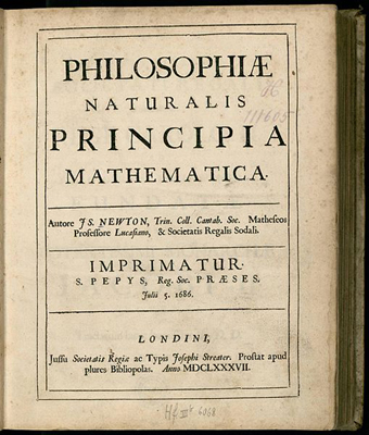 Cover page of the first edition of a book, Philosophiae Naturalis Principia Mathematica, written by Isaac Newton.