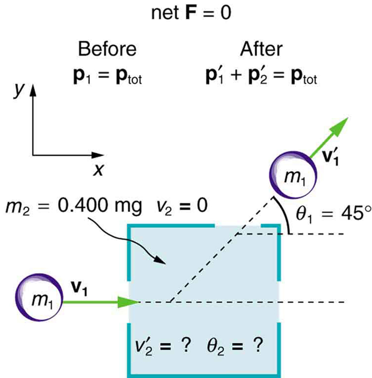 A purple ball of mass m1 and velocity v one moves in the right direction into a dark room. It collides with an object of mass m two of value zero point four zero milligrams which was initially at rest and then leaves the dark room from the top right hand side making an angle of forty-five degrees with the horizontal and at velocity v one prime. The net external force on the system is zero. The momentum before and after collision remains the same. The velocity v two prime of the mass m two and the angle theta two it would make with the horizontal after collision not given.