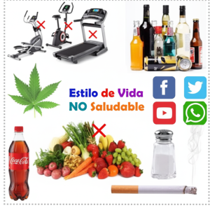 A collage of images representing an unhealthy lifestyle. It includes pictures of alcohol, a cigarette, soda, a salt shaker, and crossed-out images of exercise equipment and healthy food. The text in the center reads, 'Estilo de Vida NO Saludable'