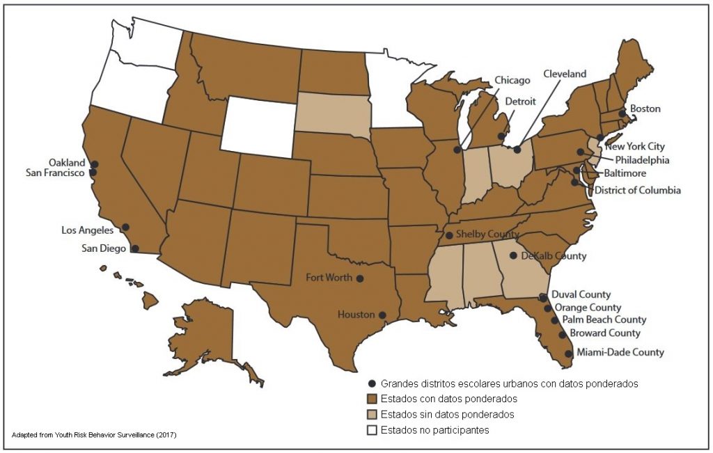 A map of the US shows data about the 2017 Youth Risk Behavior Surveillance