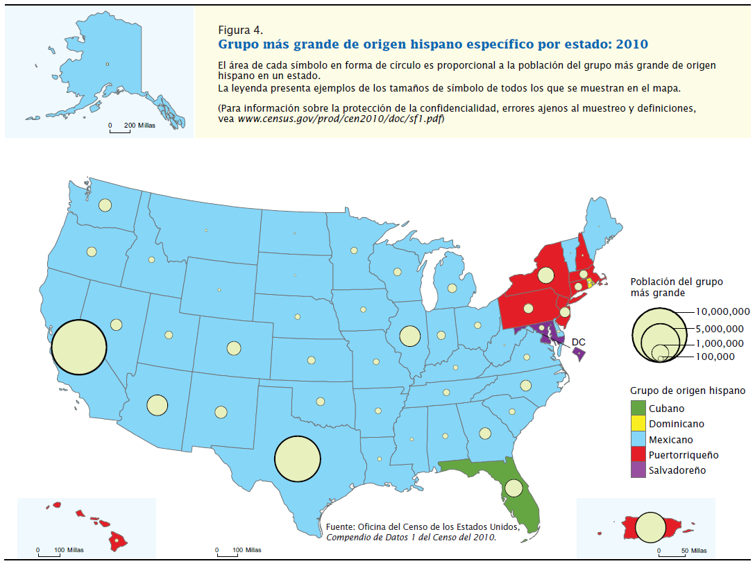 Map with the distribution of the Top 5 Hispanic in the U.S.