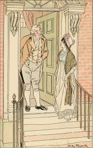A butler opens the door to a young woman.