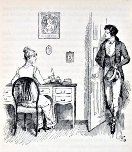 A gentleman comes through the door as a lady sits at an adjacent writing desk, holding a quill.