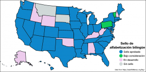 Map of the US with the states that have implemented the seal of biliteracy